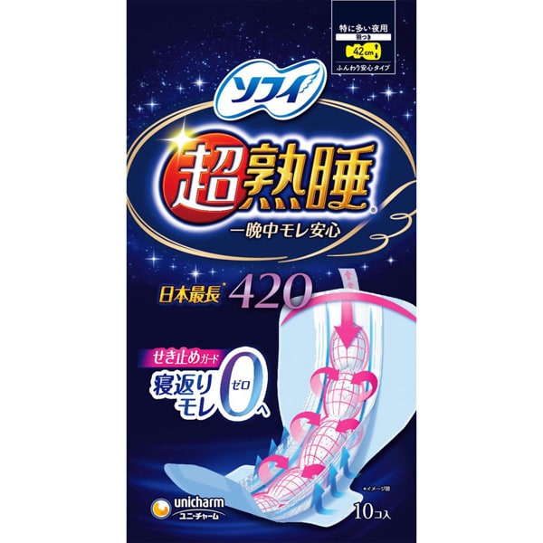 Unicharm Sofy Super Deep Sleep Guard 420 Sanitary Napkins – Heavy Flow, 42cm with Wings, 10 pads