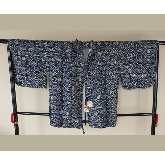 Vintage Haori – Navy Blue Geometric & Floral Pattern