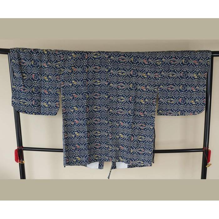 Vintage Haori – Navy Blue Geometric & Floral Pattern