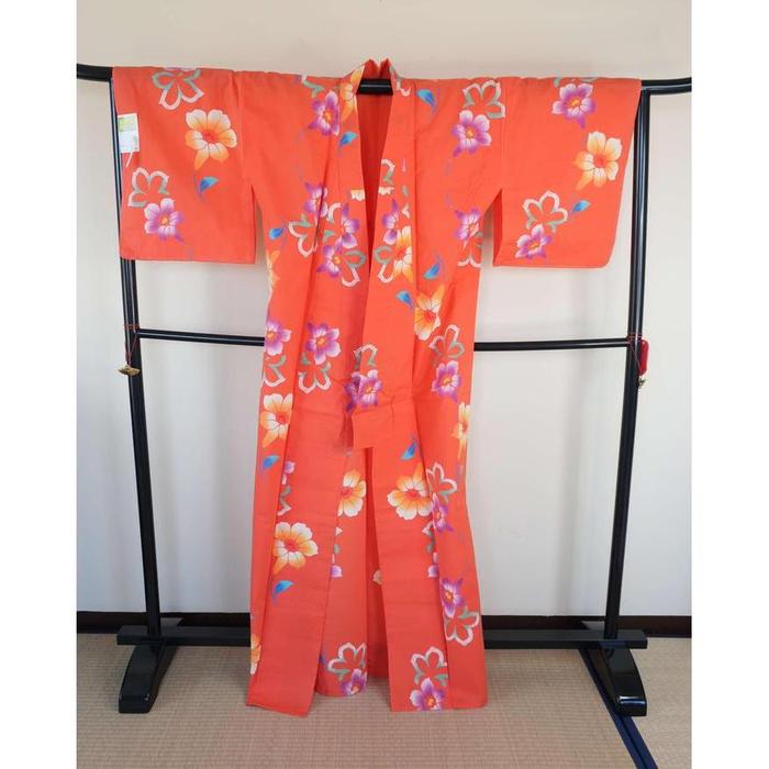 Summer Japanese Yukata – Orange Floral, Cotton, SIZE good on 165cm-175cm