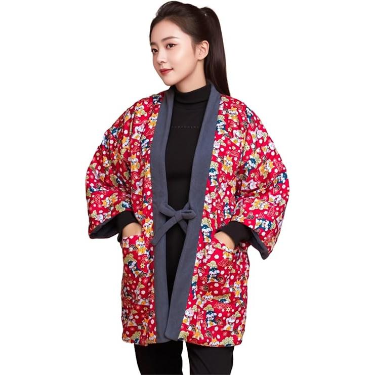 女款加厚和服外套，背部帶有保暖設計 – 日本圖案 06，溫暖冬季家居服