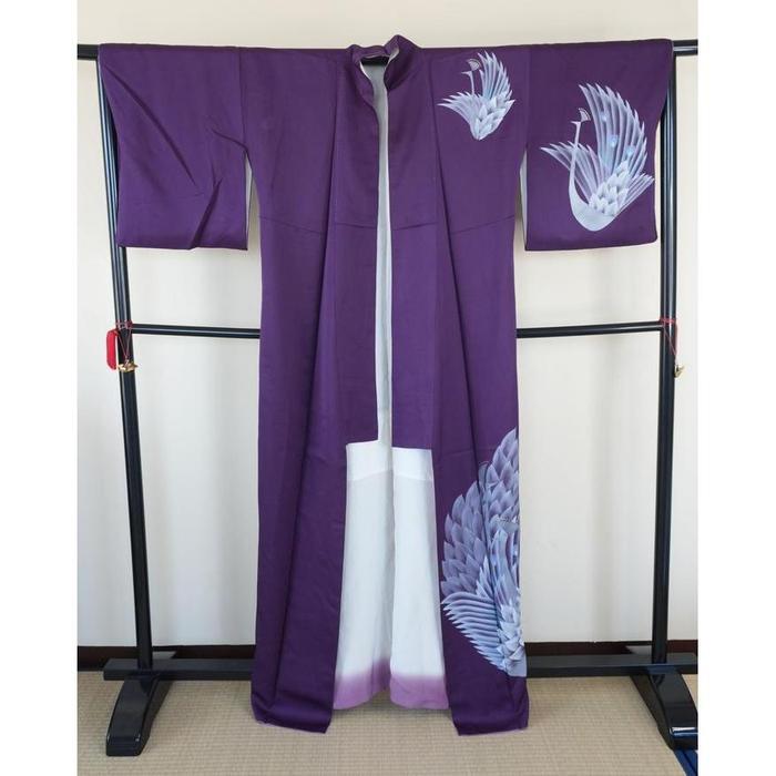 Vintage Kimono – Purple with Bird Motif, For Height 160-170cm (maximum height for those who don't require an ohashori)
