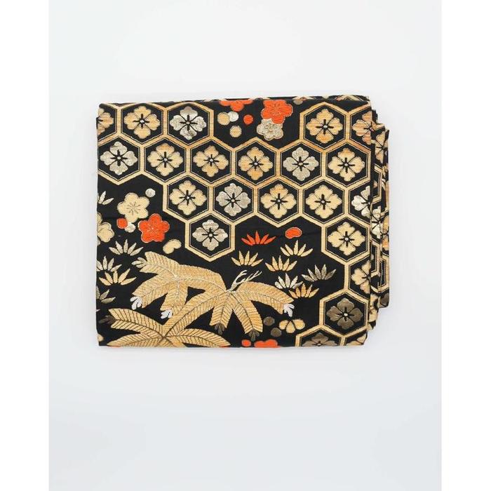 Vintage Japanese Fukuro Obi Belt – Black with Gold Hexagon & Floral Pattern