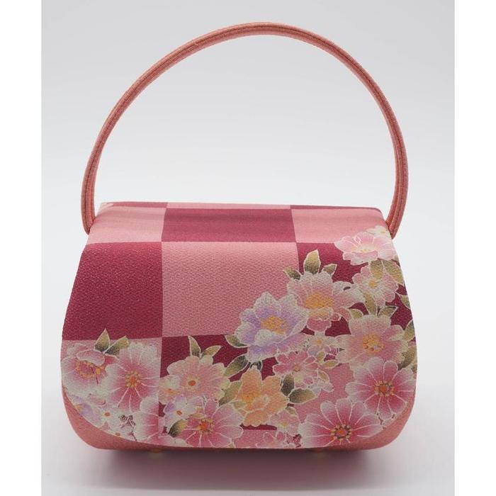 Japanese Vintage Style Handbag with Floral Motif – Pink Checker Pattern