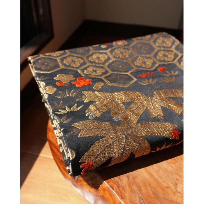 Vintage Japanese Fukuro Obi Belt – Black with Gold Hexagon & Floral Pattern