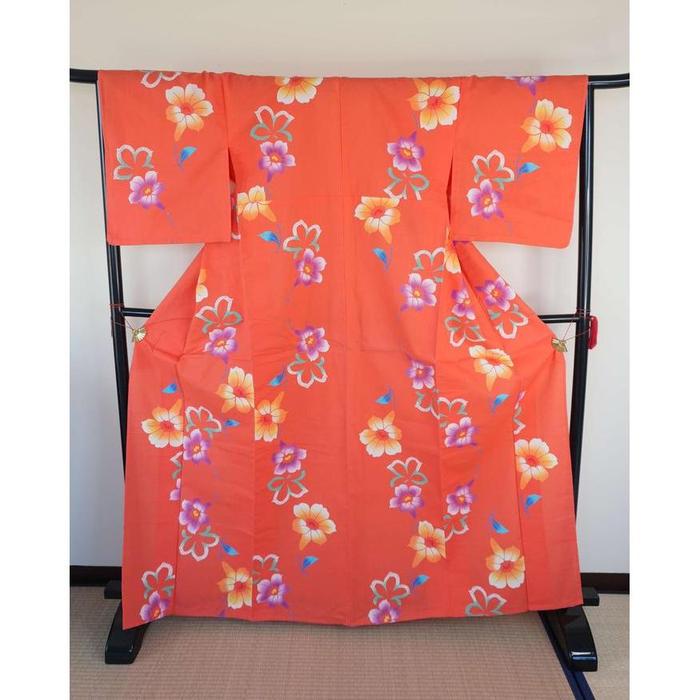 Summer Japanese Yukata – Orange Floral, Cotton, SIZE good on 165cm-175cm