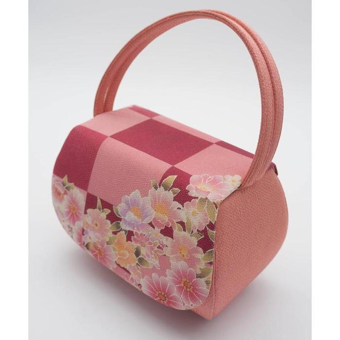 Japanese Vintage Style Handbag with Floral Motif – Pink Checker Pattern