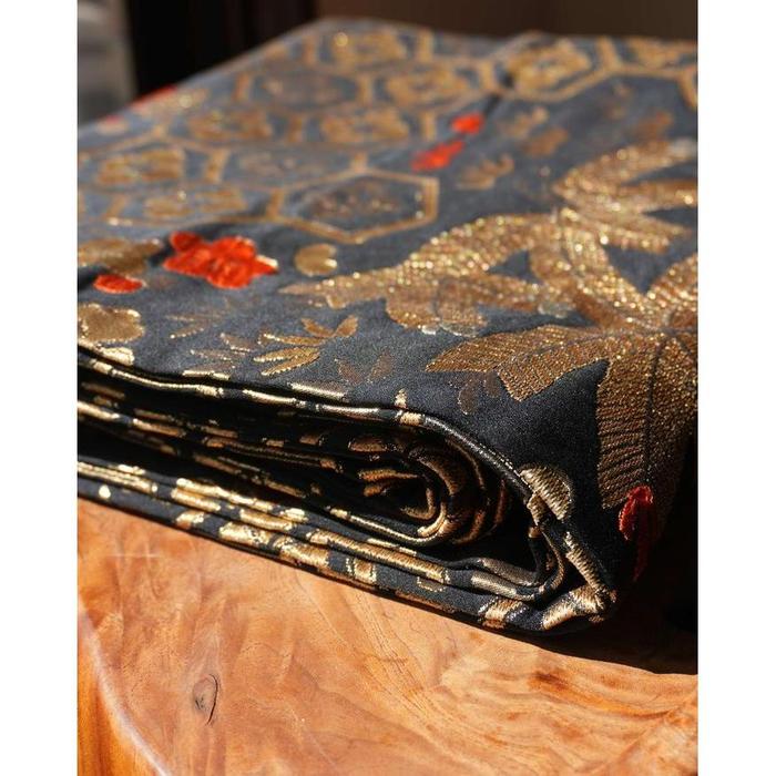 Vintage Japanese Fukuro Obi Belt – Black with Gold Hexagon & Floral Pattern