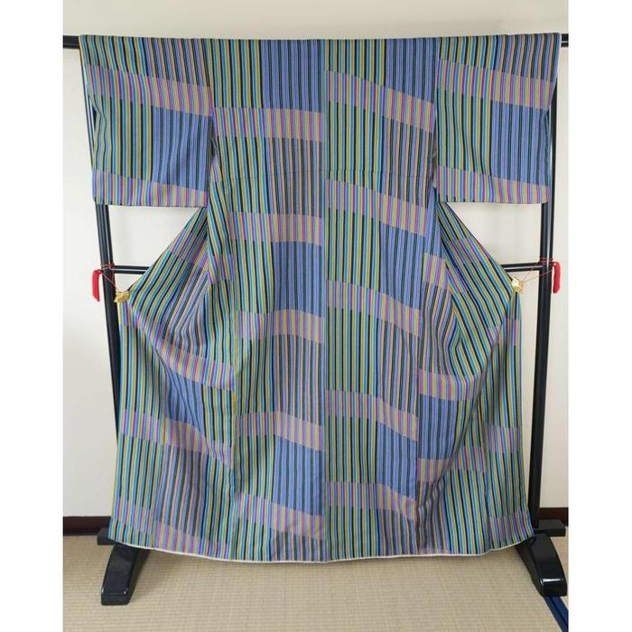 Vintage Kimono Multicolor Stripe Pattern, For Height 162-172cm (maximum height for those who don't require an ohashori)