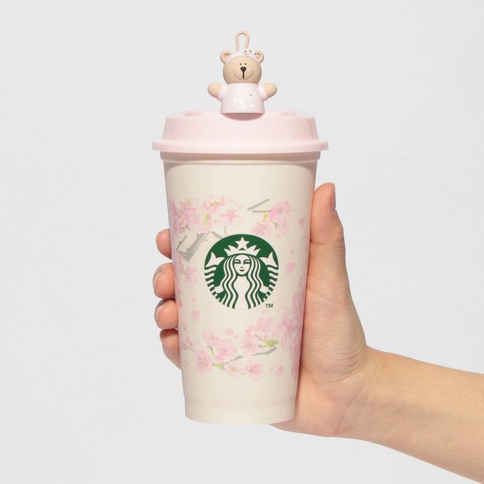 Starbucks SAKURA2025 Reusable Cup + Bearista Drink Hole Cap – Cherry Blossom Edition (473ml)