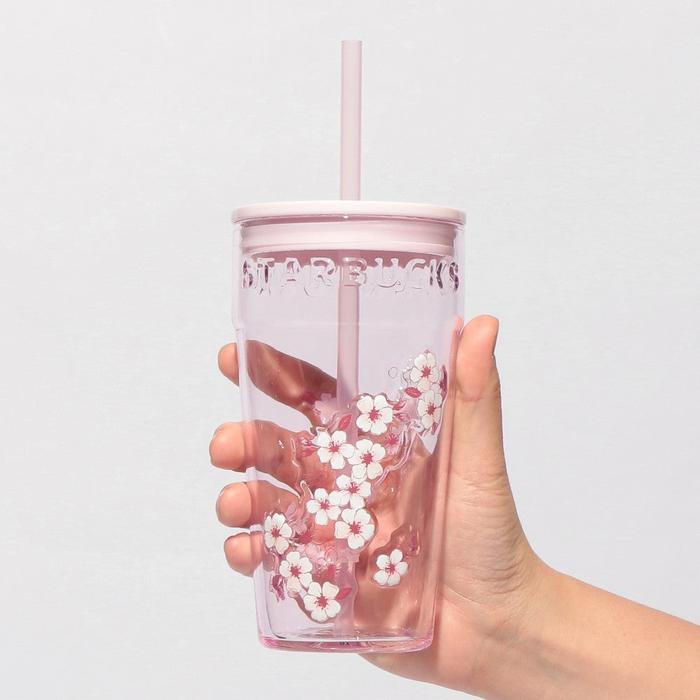 Starbucks Japan Sakura 2026 Glass Tumbler Pink 473ml with Lid & Straw – Cherry Blossom Limited Edition