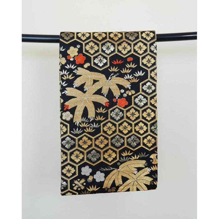 Vintage Japanese Fukuro Obi Belt – Black with Gold Hexagon & Floral Pattern