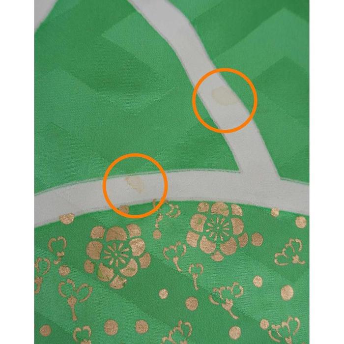 Vintage Green Kimono with Crane and Leaf Motif, For Height 156-166cm (maximum height for those who don't require an ohashori)