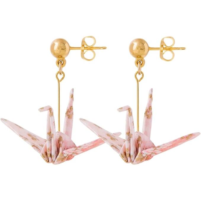 Noren Women’s Origami Earrings – Japanese Washi Origami Cranes, Fans, and Shuriken, Handmade, Hypoallergenic Surgical Stainless Steel
