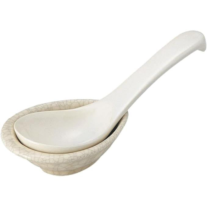 Banko Ware Ginpo Nukuri Astragalus Pottery Spoon with Base | Japanese Heat-Resistant Ceramic 15cm