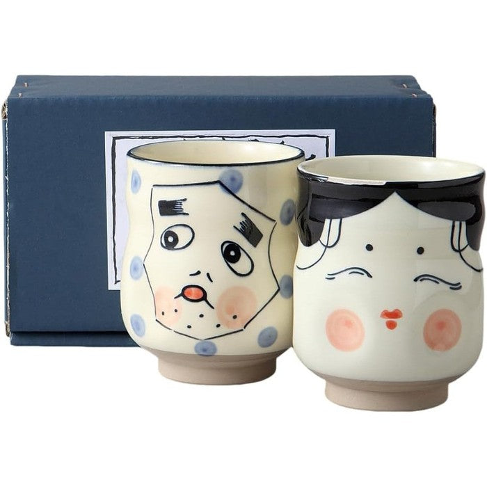 Okame & Hyottoko Design, Mino-yaki Japanese Ceramic Tea Cups