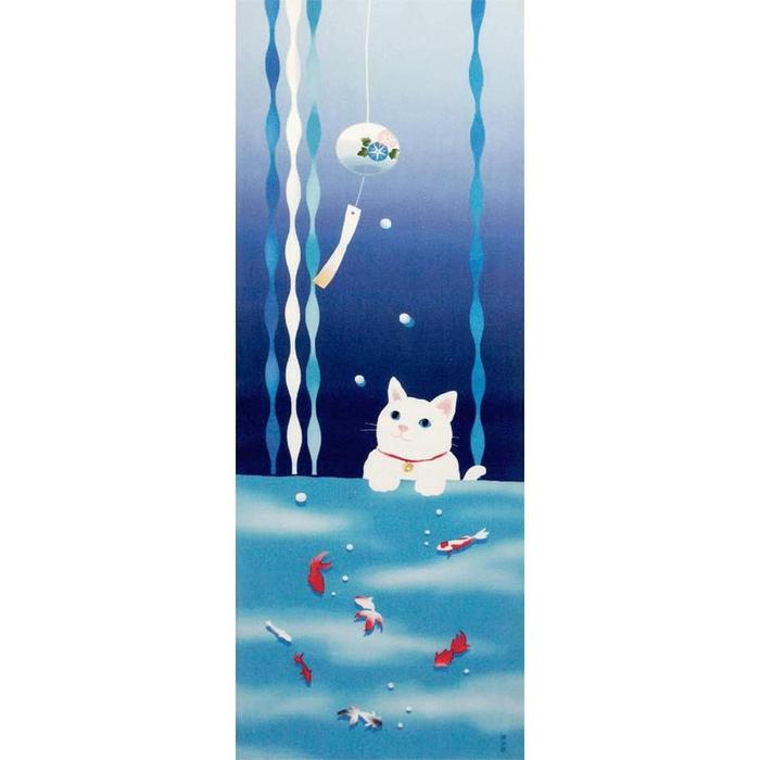 Tenugui towel with Hamamonyou (Cat and Goldfish Summer) - (100% cotton)