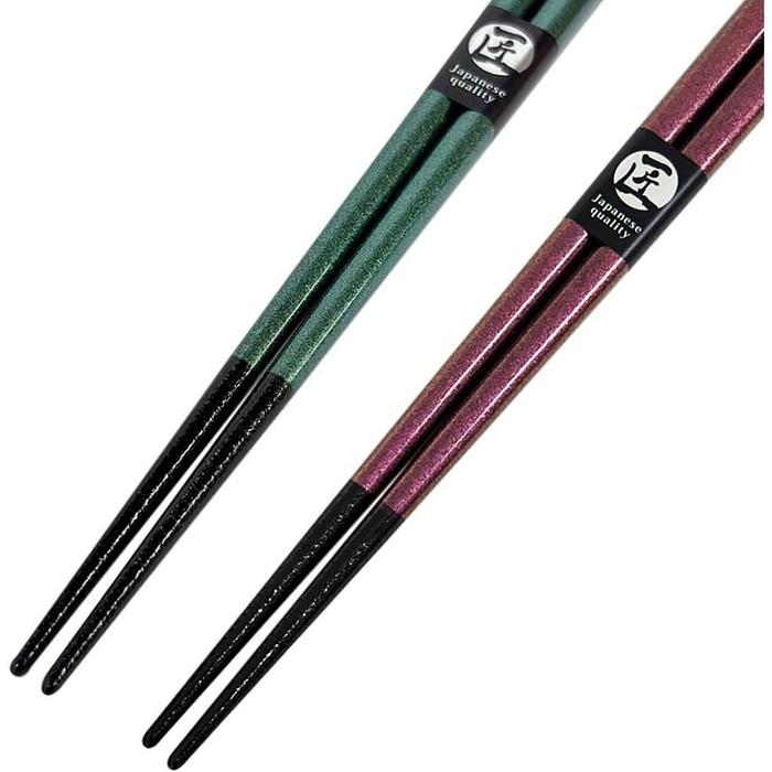 Couples Wakasa Lacquer Chopsticks – Silver Cherry Blossom Design with Paulownia Box (Green & Purple)