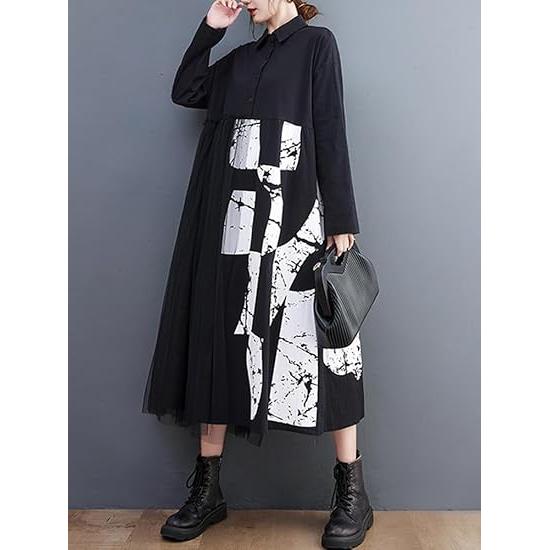 Minesam Long Shirt Dress - Black grafitti lace FREE SIZE