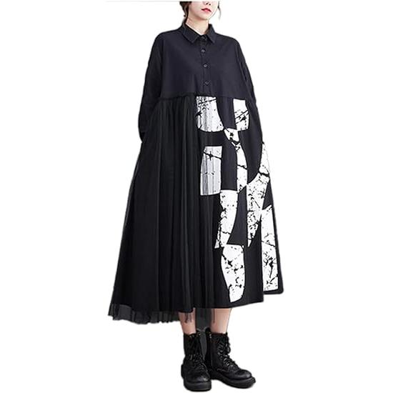 Minesam Long Shirt Dress - Black grafitti lace FREE SIZE