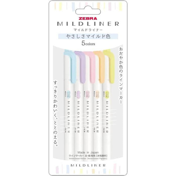 Zebra Mildliner Highlighter Set – Gentle Mild Colors, Double-Ended, 5-Pack