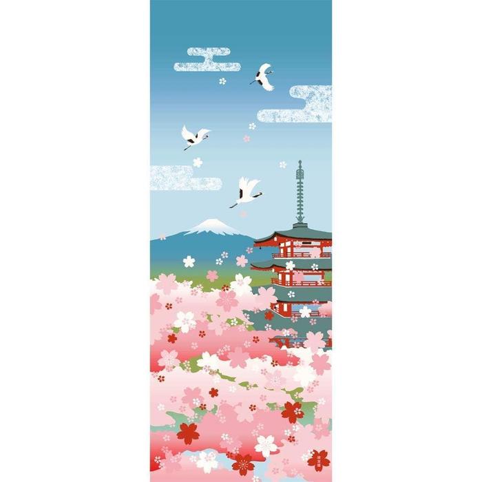 Tenugui towel with Hamamonyou (Chureito Pagoda with Sakura) - (100% cotton)