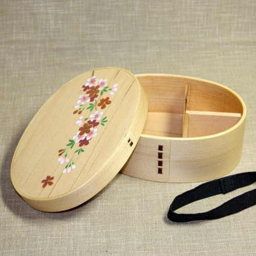 Shiraki Oval Magewappa Bento Box – Natural Wood with Sakura Makie Lacquer Design, Made from Japanese Cedar