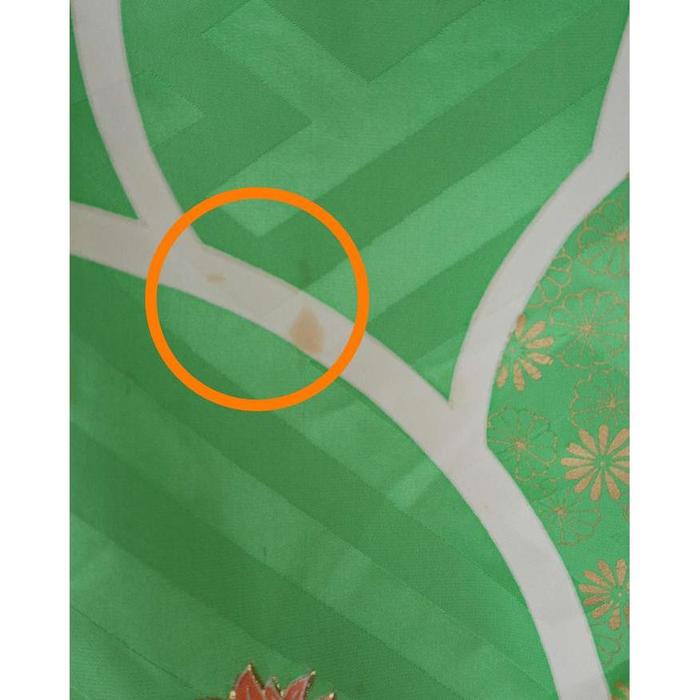 Vintage Green Kimono with Crane and Leaf Motif, For Height 156-166cm (maximum height for those who don't require an ohashori)