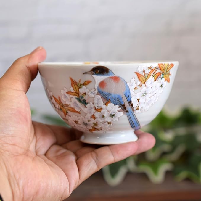Kutani Ware Rice Bowl – Waza no Kura Mountain Cherry Blossoms & Birds, Japanese Porcelain, Gift Box