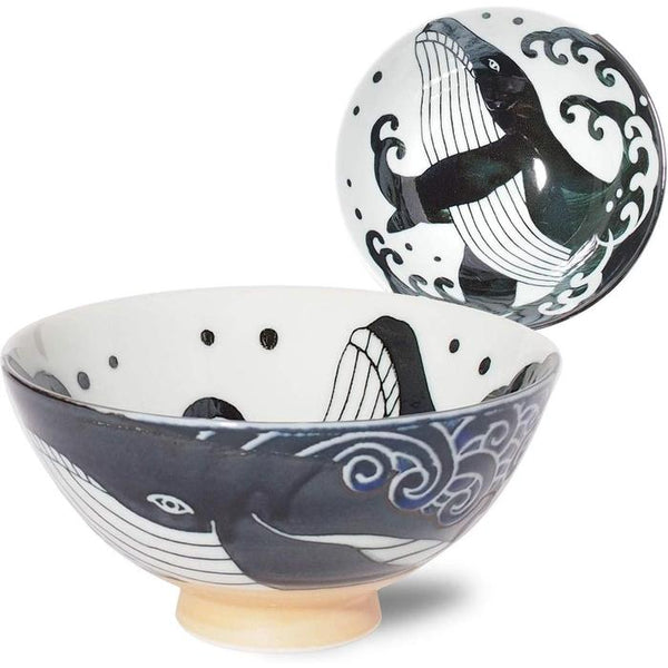 Minoru Touki Mino Ware Rice Bowl – Shironami Kujira Whale Wave Design 12.5 cm