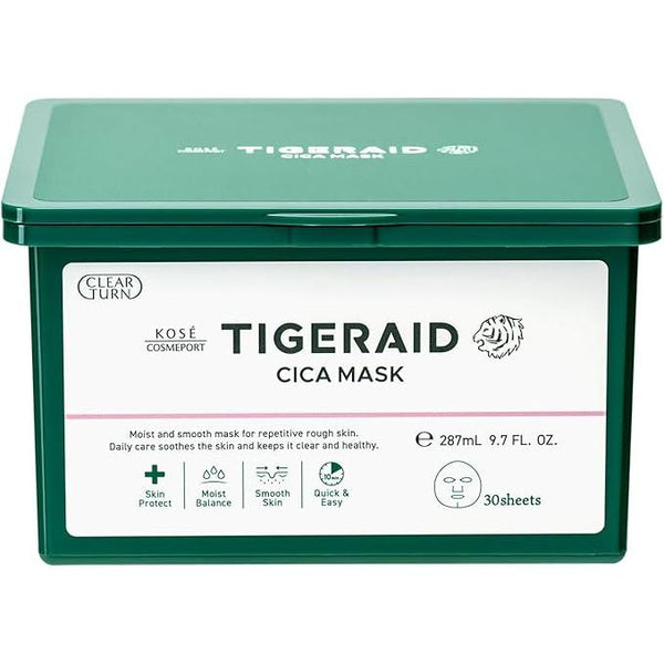 KOSE Clear Turn TigerAid CICA Repair Mask (30 Sheets) – Intensive Soothing & Damage Care with CICA and Vitamins [Alcohol-free]