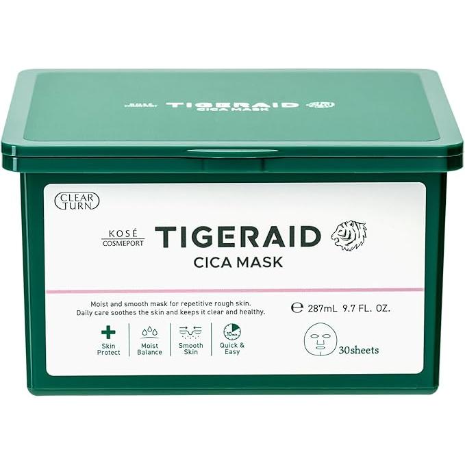 KOSE Clear Turn TigerAid CICA Repair Mask (30 Sheets) – Intensive Soothing & Damage Care with CICA and Vitamins [Alcohol-free]