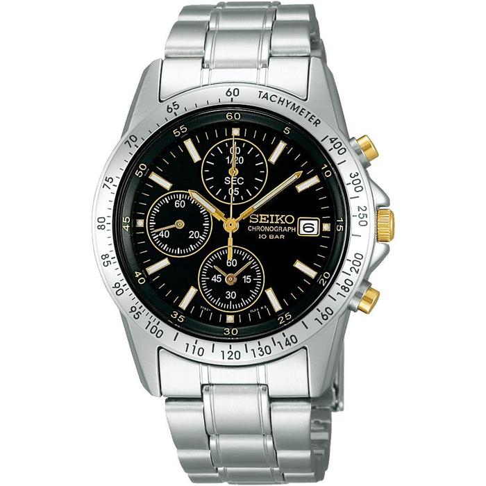 Seiko Selection SBTQ043 Men’s Quartz Chronograph Watch – Black & Gold Dial Stainless Steel 100m Water Resistant