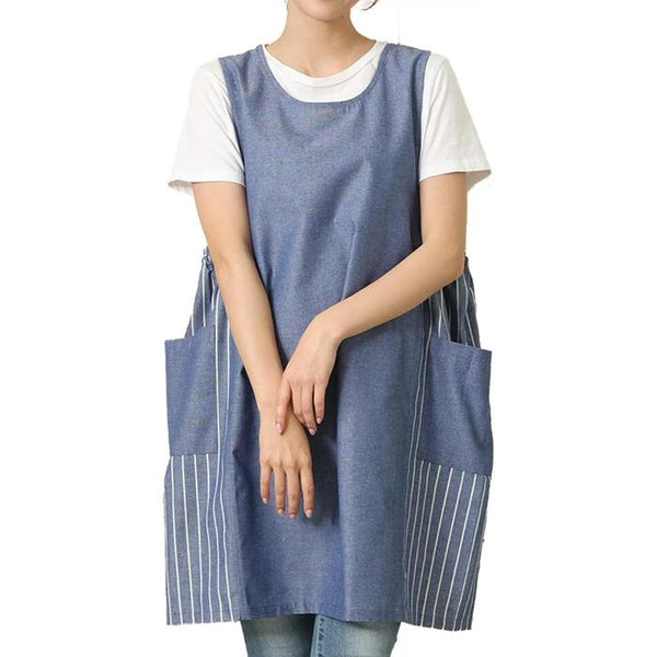 Nishiki Women’s Slip-On Apron – Cute Silhouette, Long-Length Chambray with Pockets, Wrinkle Resistant