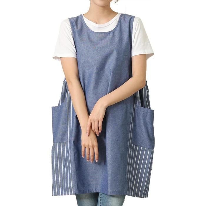 Nishiki Women’s Slip-On Apron – Cute Silhouette, Long-Length Chambray with Pockets, Wrinkle Resistant