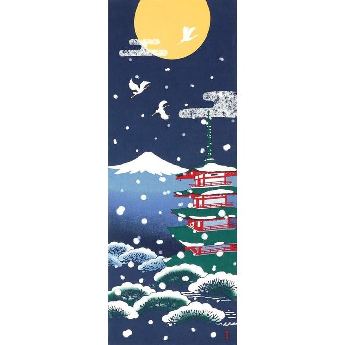 Tenugui towel with Hamamonyou (Snow, Five-Storied Pagoda & Mount Fuji) - (100% cotton)