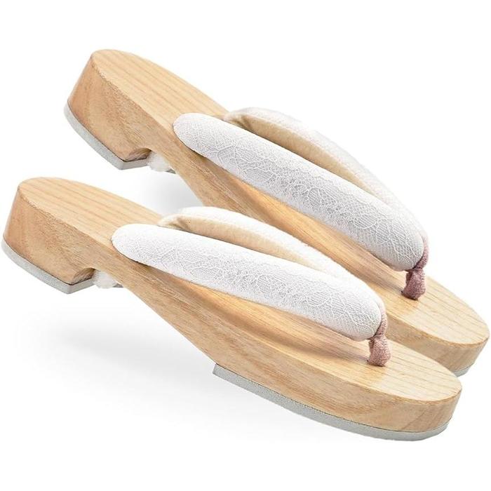 Amemari Women's Geta Sandals – White Wood Yukata Clogs with Lace and Mimosa Embroidery, Soft Strap, One Size