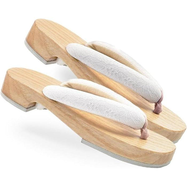 Amemari Women's Geta Sandals – White Wood Yukata Clogs with Lace and Mimosa Embroidery, Soft Strap, One Size