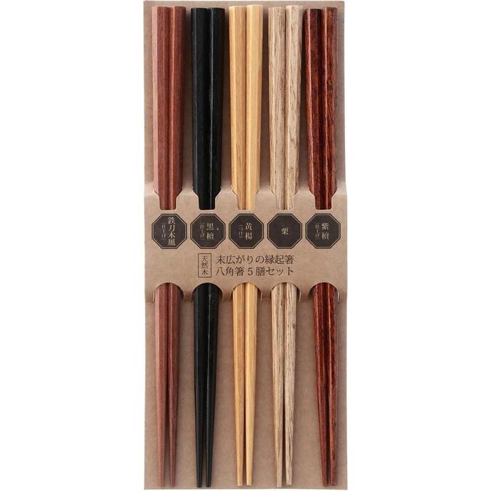 Fujiboeki Octagonal Wooden Chopsticks 9-Inch – Natural Wood Auspicious Set of 5