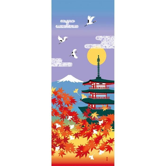 Tenugui towel with Hamamonyou (Autumn Leaves, Five-Storied Pagoda & Mount Fuji) - (100% cotton)