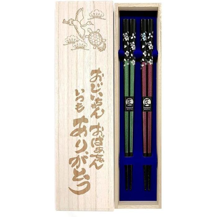 Couples Wakasa Lacquer Chopsticks – Silver Cherry Blossom Design with Paulownia Box (Green & Purple)