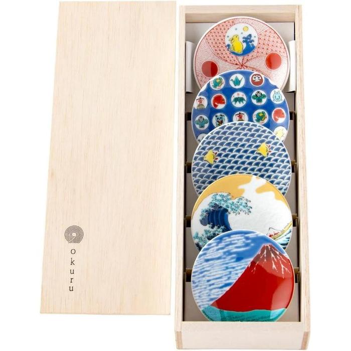 Kutani Ware Engi Mamezara Set of 5 – Lucky Motif Small Plates in Wooden Box Japanese Porcelain
