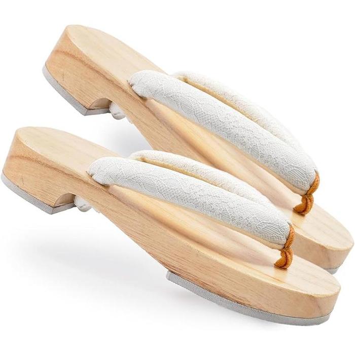 Amemari Women's Geta Sandals – White Wood Yukata Clogs with Lace and Mimosa Embroidery, Soft Strap, One Size