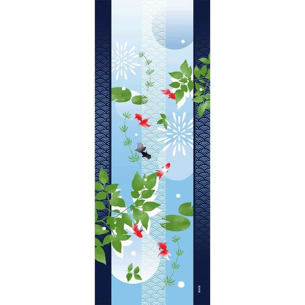 Tenugui towel with Hamamonyou (Seigaiha Goldfish) - (100% cotton)
