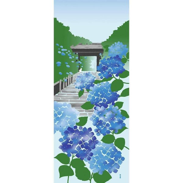 Tenugui towel with Hamamonyou (Blue Hydrangea) - (100% cotton)