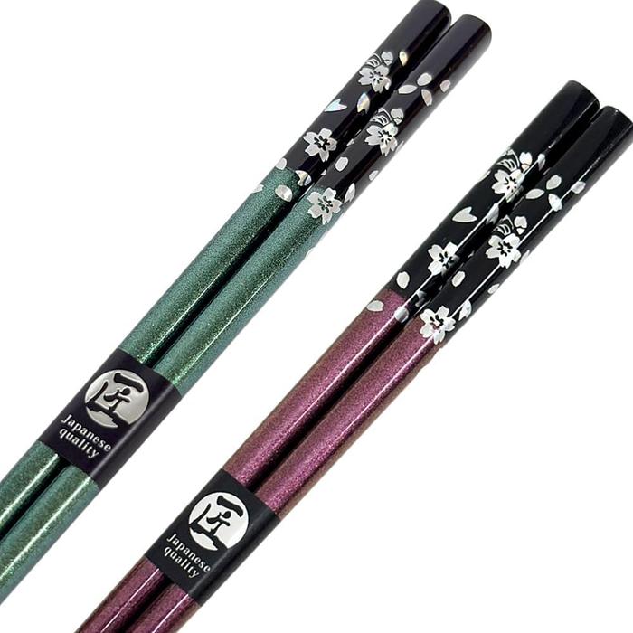 Couples Wakasa Lacquer Chopsticks – Silver Cherry Blossom Design with Paulownia Box (Green & Purple)