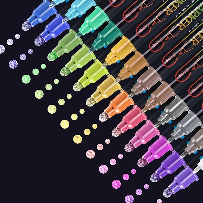 24 Metallic Dual Tip Acrylic Paint Markers | Dot & Fine Tip Pens for Rock, Wood, Glass, Cards & Crafts