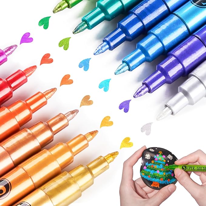 12 Ultra Bright Metallic Acrylic Markers | 0.7mm Extra Fine Paint Pens for Rock, Glass, Wood, Ceramics & DIY Crafts