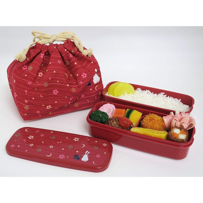 OSK Gekka Two-Tier Lunch Box Set – 640ml Bento Box with Divider, Chopsticks, and Drawstring Bag