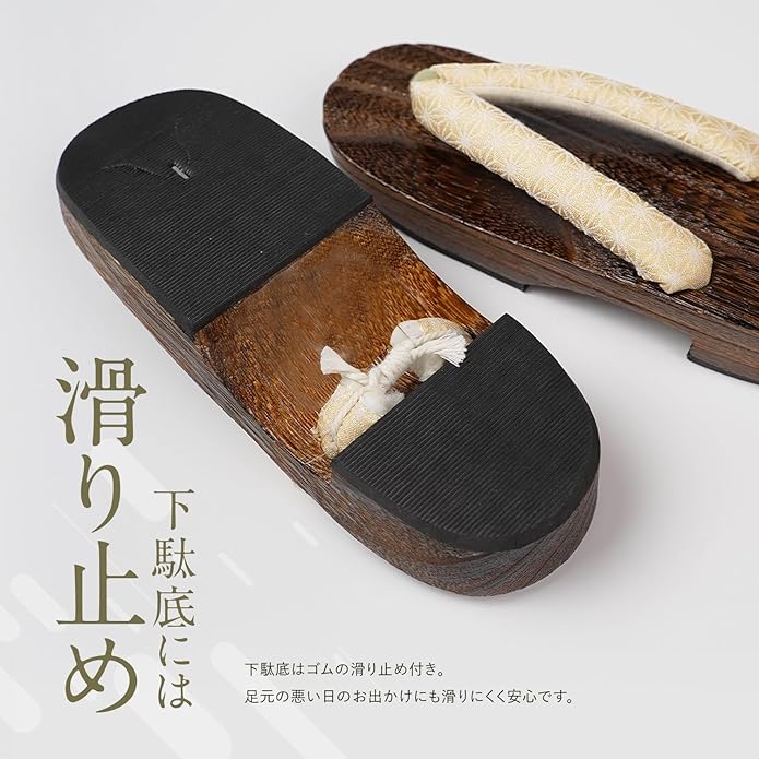 Amemari Women's Geta Clogs – Hemp Leaf Pattern Yukata Sandals with Soft Thong and Anti-Slip Rubber Sole